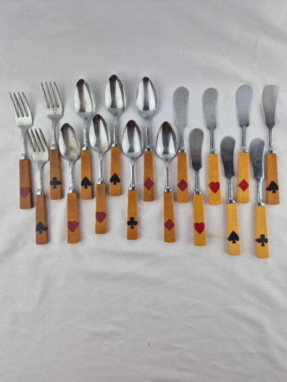Art Deco Bakelite Flatware Inlaid Playing Card Suits 3 forks, 7 knives 7 spoons